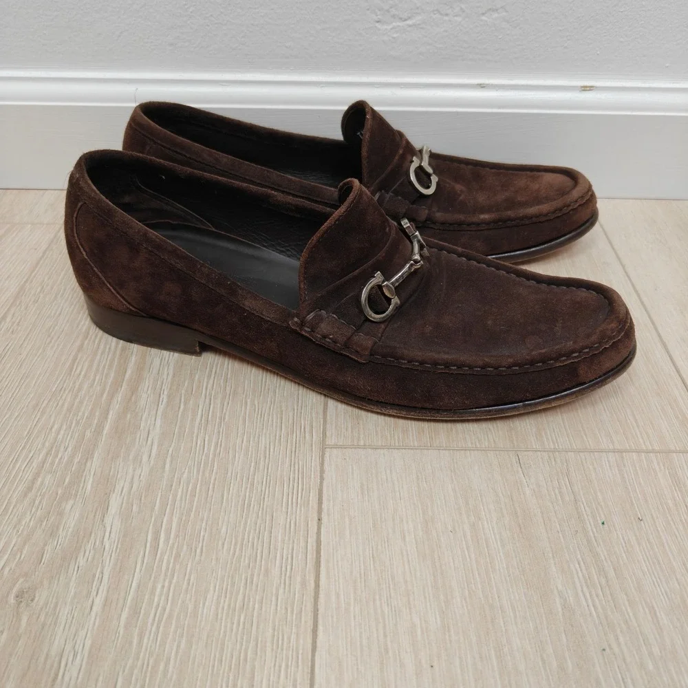 Salvatore Ferragamo Mens Loafers 11 D Brown Suede Gancini Bit Moc Toe Luxury